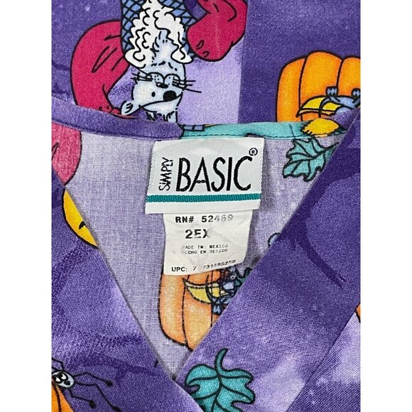 Vintage Simply Basic Size 2XL Purple Halloween Scrub Top Cats Haunted House Moon - Picture 3 of 4